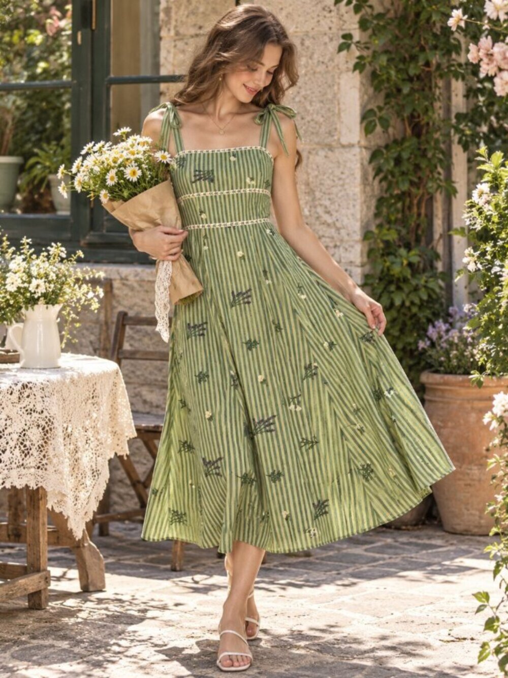 Jacquie The Label Romona Green Stripe Embroidered Tie Strap Midi Dress